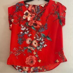 Lily White Red Floral Lace-Up V-Neck Blouse